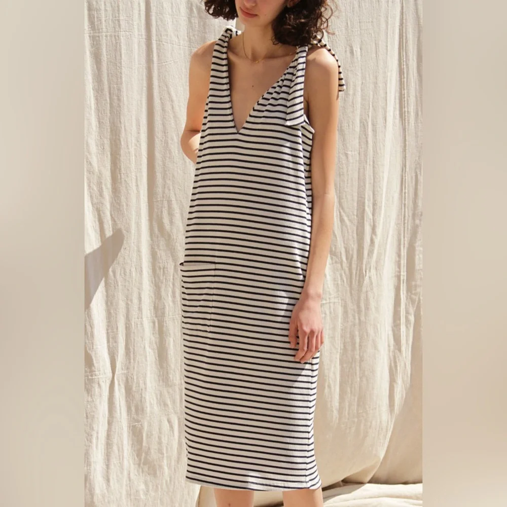 Rita Row Concha Navy/White Stripe Tie Straps V Neck Cotton Blend S - Picture 3 of 8